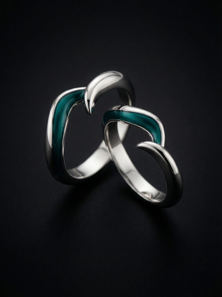 Wedding Bands in white gold and green enamel
