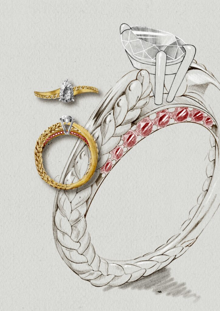 Hand drawing Little Bird Engagement Ring